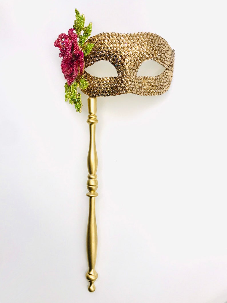 Kiss From A Rose Gold Swarovski & Crystal Rose Handled Masquerade Mask image 2
