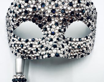 Celestial Waltz Clear & Midnight Blue Swarovski Crystal Handled Masquerade Mask