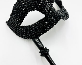 Midnight Noir Swarovski Crystal Handled Masquerade Mask