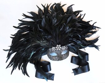 Marcasite Delight! Silver & Black Rooster Feather Masquerade Mask