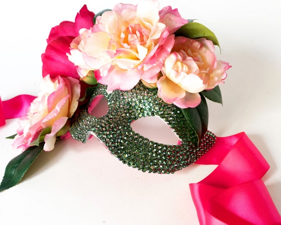 Summer Gardens Pink Real Feel Peonies & Green Swarovski Crystals Masquerade Mask