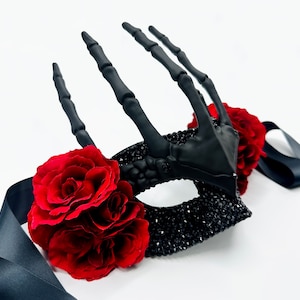 Regal Revenant of Roses Skeleton Crowned Black w/Crystals Masquerade Mask