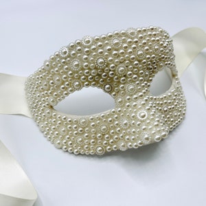 Ivory Cabochon Pearled Mask w/Satin Ribbon