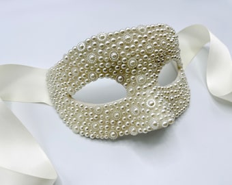 Ivory Cabochon Pearled Mask w/Satin Ribbon