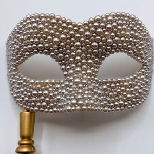 Ivory & Gold Handled Pearlized Masquerade Mask image 5
