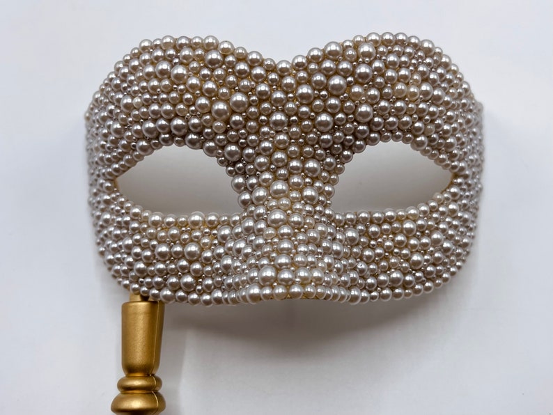 Ivory & Gold Handled Pearlized Masquerade Mask image 5