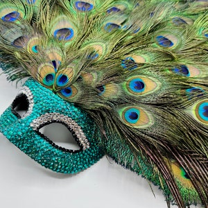 Turquoise Plume (Handled) Peacock Feather & Rhinestone Masquerade Mask