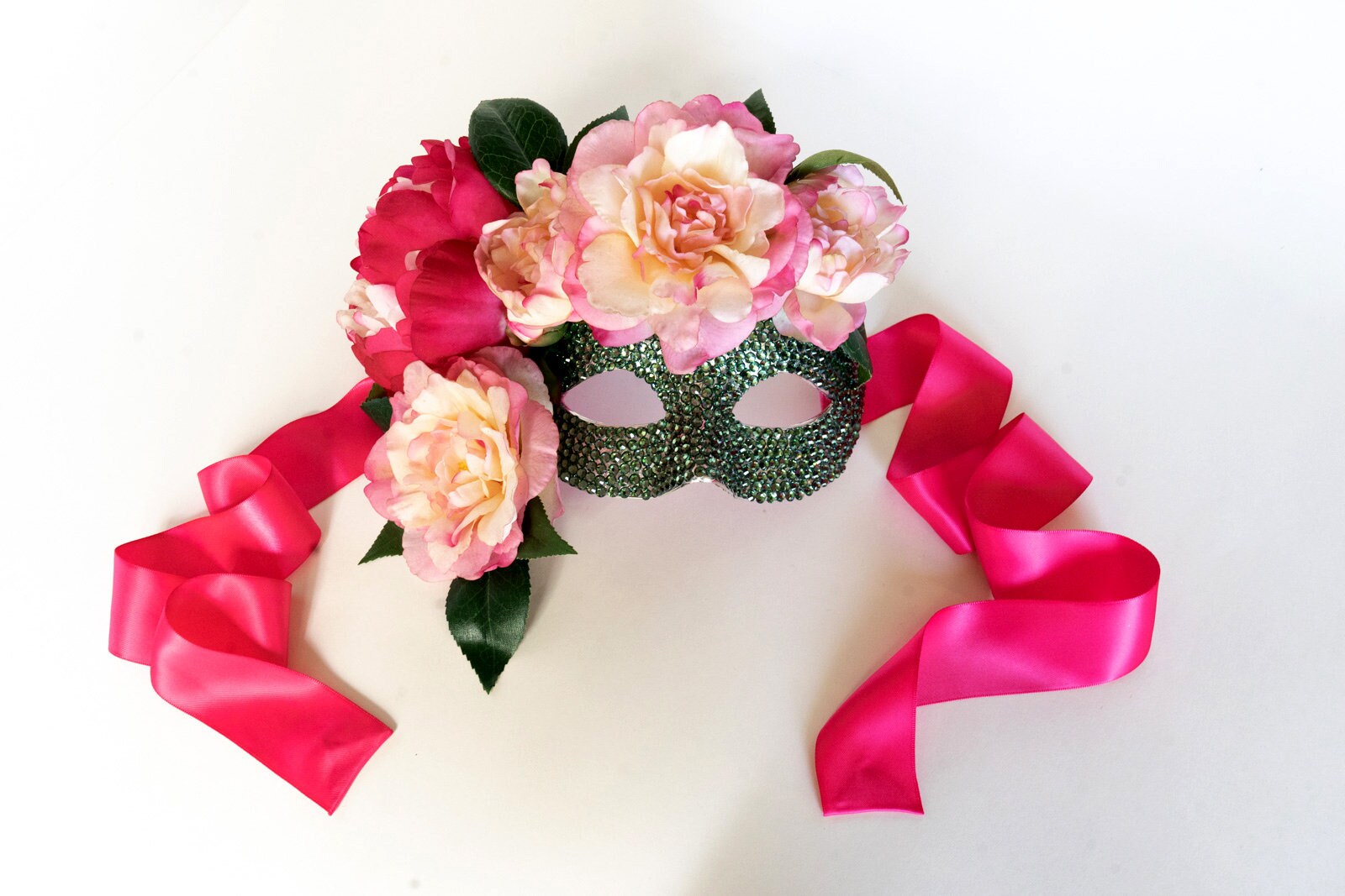 Summer Gardens Pink Real Feel Peonies & Green Swarovski Crystals Masquerade  Mask -  Australia
