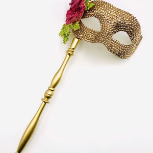 Kiss From A Rose Gold Swarovski & Crystal Rose Handled Masquerade Mask image 8