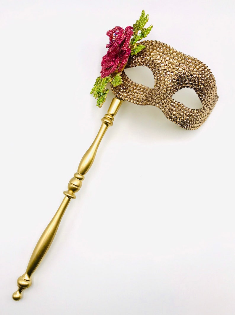 Kiss From A Rose Gold Swarovski & Crystal Rose Handled Masquerade Mask image 8