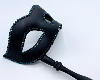Midnight Tide Matte Black & Navy Blue Border Swarovski Crystals (Handled) Masquerade Mask