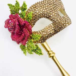 Kiss From A Rose Gold Swarovski & Crystal Rose Handled Masquerade Mask image 3