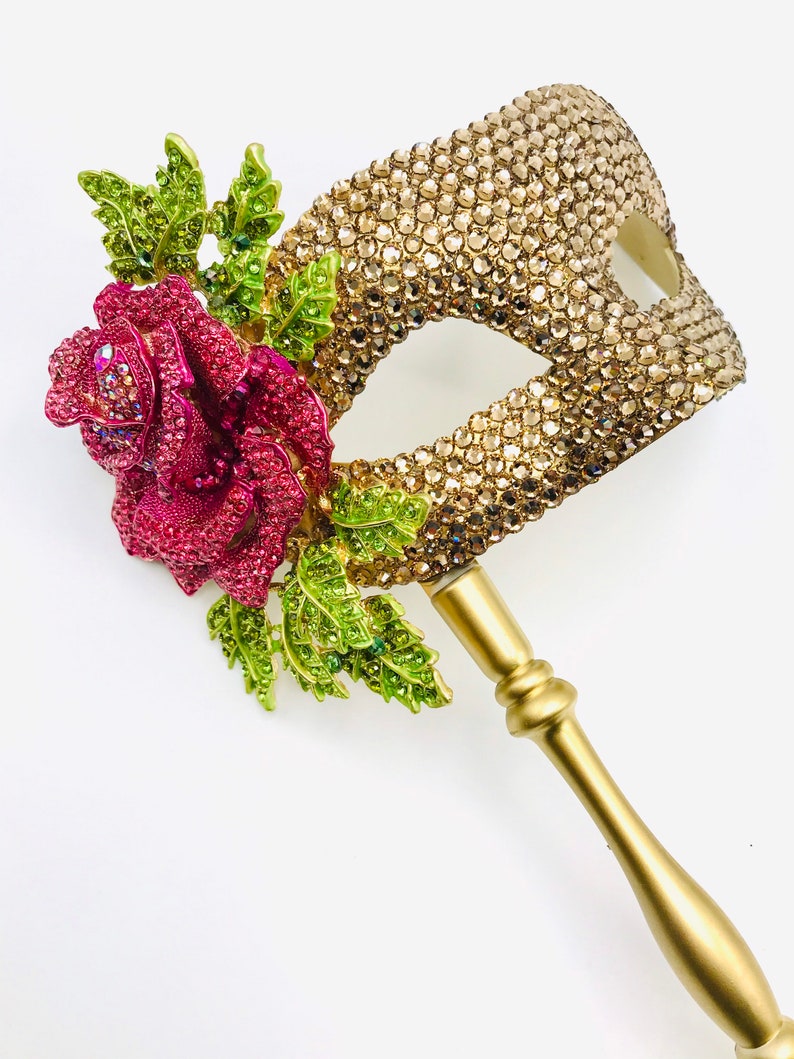 Kiss From A Rose Gold Swarovski & Crystal Rose Handled Masquerade Mask image 3