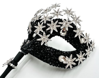 Twinkle Twinkle Little Stars Black & Silver Swarovski Crystal Handled Masquerade Mask