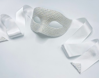 AB White Pearled Mask w/Satin Ribbon