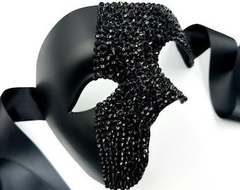 Midnight's Requiem Black Glass Crystal Phantom Masquerade Mask