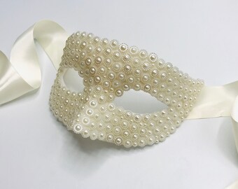 Ivory Cabochon Pearled Wedding Masquerade Mask