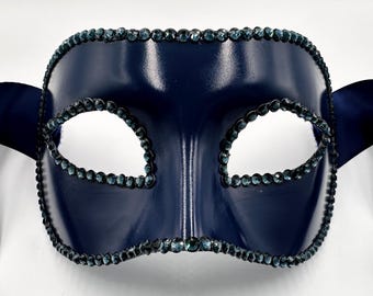 Moonlit Depths Navy Blue Swarovski Crystal Border Venetian Masquerade Mask