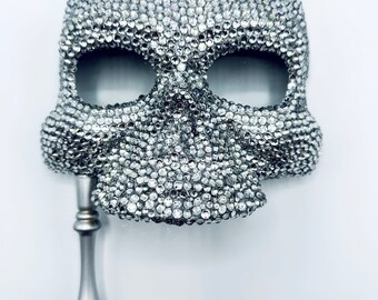 Crystal Skull Handled Rhinestone Masquerade Mask