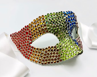 Silver Rainbow Stripes Crystal Masquerade Mask