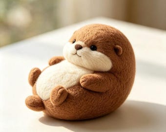 Mollige, luie otterfiguur van vilt, handgemaakt van wolvilt, schattig dierenfiguurtje voor op je bureau, kawaii mini-otterornament, cadeau voor dierenliefhebbers.