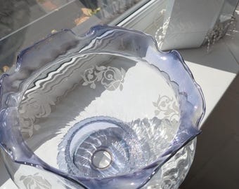 Vintage Clear Glass Swirl Lamp Shade, Etched Rose Floral Replacement Globe, 5 Inch Fitter Collar, Hurricane Oil Gas Lamp Light Shade Replace
