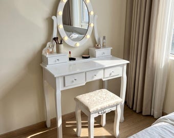 White Vintage Lighted Vanity Desk 5-Drawer Makeup Table Rotatable Mirror Stool Bedroom Set