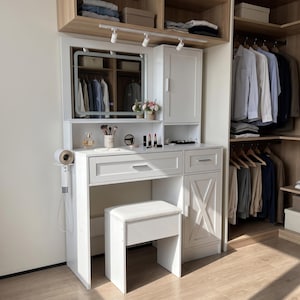 White Lighted Vanity Desk Mirror Stool Set Jewelry Cabinet Charging Station Makeup Table
