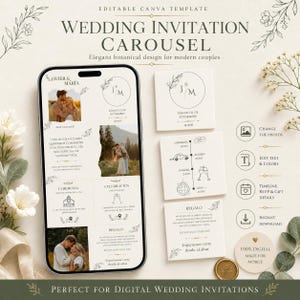 Puede incluir: Una plantilla de Canva editable para un carrusel de invitaciones de boda digitales, con un smartphone que muestra un diseño de varias diapositivas con fotos, texto y arte lineal botánico. Incluye iconos para editar fotos y texto.