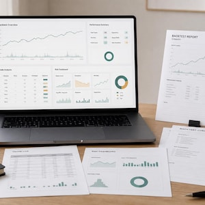 May include: A dark gray laptop displaying financial data, charts, and graphs on its screen. Several white paper documents labeled Backtest Report and Backtest Checklist, a black notebook, a gray mug, and a black pen are arranged on a wooden desk.