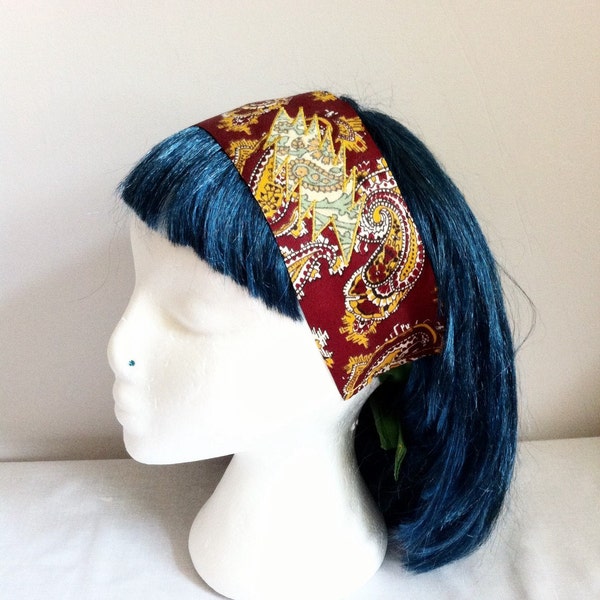 Hand Sewn Vintage Paisley Grateful Dead headband - Maroon, Yellow and Green - Hippie Headband - Steal Your Face - Head Wrap - Bandana