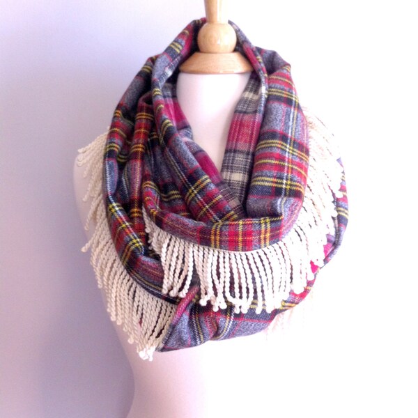 SALE Red black and grey plaid cotton flannel infinity scarf with white cream colored fringe - boho chic - preppy plaid scarves