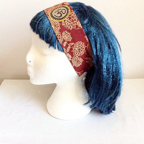 Yoga Headband - Om Headband - Yoga accessories -  Namaste Om Shanti - Om Hairband - Floral Gold and Red Maroon