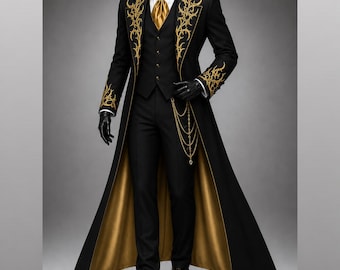 Schwarzer viktorianischer Frack im gotischen Stil für Herren mit Goldstickerei | Luxuriöser Steampunk-Prinzenfrack | Renaissance-Hochzeitsjacke