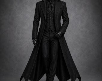 May include: A black three-piece suit featuring a long, structured coat with a high collar, a buttoned vest, and matching trousers. The ensemble includes a dark necktie, black gloves, and polished black dress shoes, all displayed on a mannequin.