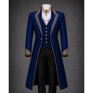 Frac de boda gótico azul real de algodón para hombre, abrigo de novio bordado en oro, chaqueta formal victoriana de príncipe real, abrigo de lujo