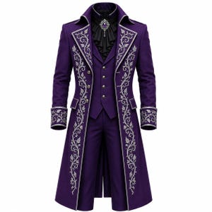 May include: A deep purple long coat and matching trousers set featuring intricate silver floral embroidery along the lapels and cuffs. The ensemble includes a black waistcoat with four buttons and a black ruffled cravat with a central purple gem.