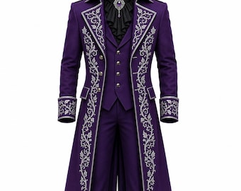 Purple Gothic Victorian Cotton Coat  | Silver Embroidered | Men's Steampunk Tailcoat | Vampire Cosplay Jacket Halloween Cosplay Costume
