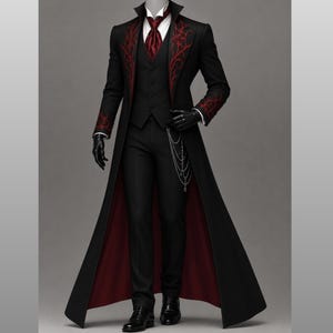 May include: A black long coat with red embroidery on the lapels and cuffs, paired with a black vest, white shirt, and red cravat. The ensemble includes black trousers, black gloves, black dress shoes, and a silver chain accessory on the hip.