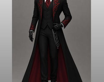 Pode incluir: Um casaco comprido preto com bordados vermelhos nas lapelas e punhos, combinado com um colete preto, camisa branca e plastron vermelho. O conjunto inclui calças pretas, luvas pretas, sapatos pretos e uma corrente prateada na anca.