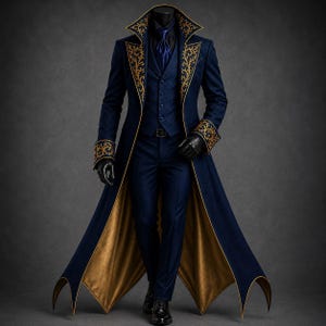 May include: A dark blue long coat featuring gold filigree embroidery on the wide lapels and cuffs, paired with a matching vest, trousers, and a dark blue necktie. The coat has a high collar and a gold-colored lining that flares at the hem.