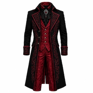 Può includere: Un cappotto lungo nero con ricami floreali rossi sui risvolti e sui polsini, abbinato a un gilet rosso a quattro bottoni, pantaloni rossi e una camicia nera con colletto a volant e una spilla argentata con una pietra rossa centrale.