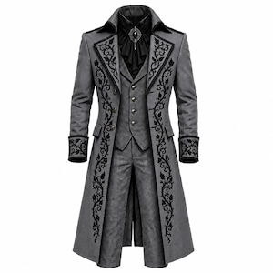 Grauer gotischer viktorianischer Baumwollmantel mit schwarzer Stickerei | Steampunk-Frack für Herren | Vampir-Cosplay-Jacke