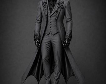 May include: A long grey coat with black floral embroidery on the lapels and cuffs, worn over a matching grey vest with a row of buttons, a grey dress shirt, a dark tie, and grey trousers, paired with black dress shoes on a mannequin.