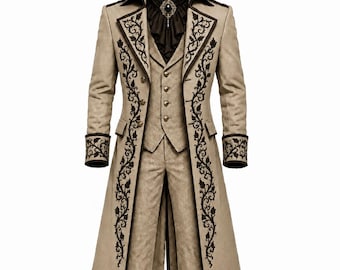 Abrigo gótico victoriano beige de algodón con bordado negro / Frac steampunk para hombre / Chaqueta de cosplay para boda de príncipe rococó
