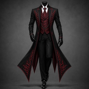 Puede incluir: Un abrigo largo negro con bordados rojos, un chaleco rojo a juego con una cadena, una camisa blanca de cuello, una corbata roja, pantalones negros y guantes negros. El abrigo presenta un dobladillo puntiagudo y ribetes rojos.