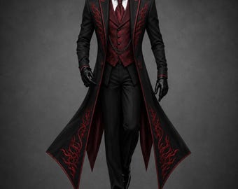 May include: A black long coat with red embroidery, a matching red vest with a chain, a white collared shirt, a red tie, black trousers, and black gloves. The coat features a pointed hemline and red trim along the lapels and front edges.