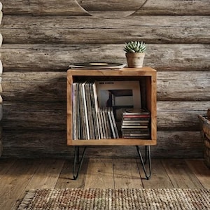 Mid Century Modern Record Player Stand – Vinyl LP Storage Cabinet