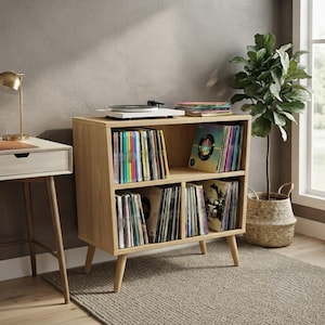 Mid Century Modern Record Player Stand with Vinyl Storage - Walnut Turntable Vinyl Storage Cabinet