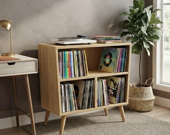 Soporte para tocadiscos de estilo moderno de mediados de siglo con almacenamiento para vinilos - Mueble de almacenamiento para tocadiscos y vinilos de nogal